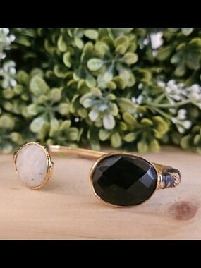 Vintage 1960s gAs Bijou Golden Onyx And Moonstone Leather Wrapped Bracelet